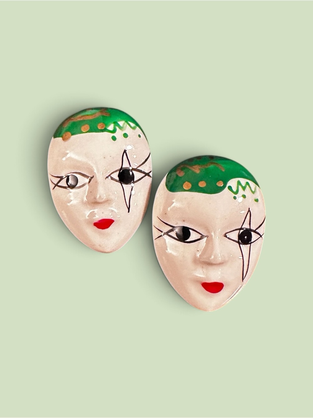 Vintage 80s Hand-Painted French Clown Pierrot Mask Pierced Earrings